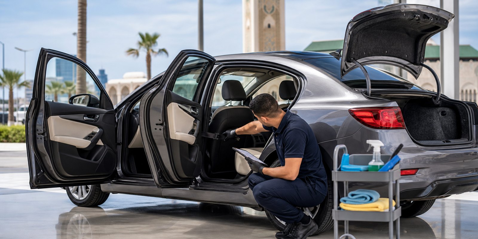 Protection contre hantavirus: comment LVC nettoie ses voitures de location a Casablanca 2 controle hygiene d une voiture de location avant remise des cles a Casablanca